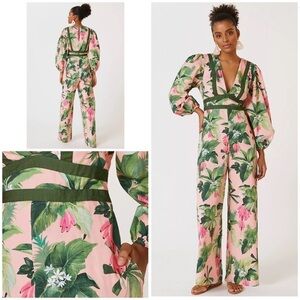 NWT Farm Rio x Anthro Pink Banana Tropical Fauna Leaves Fruit Deep V Jumpsuit S 